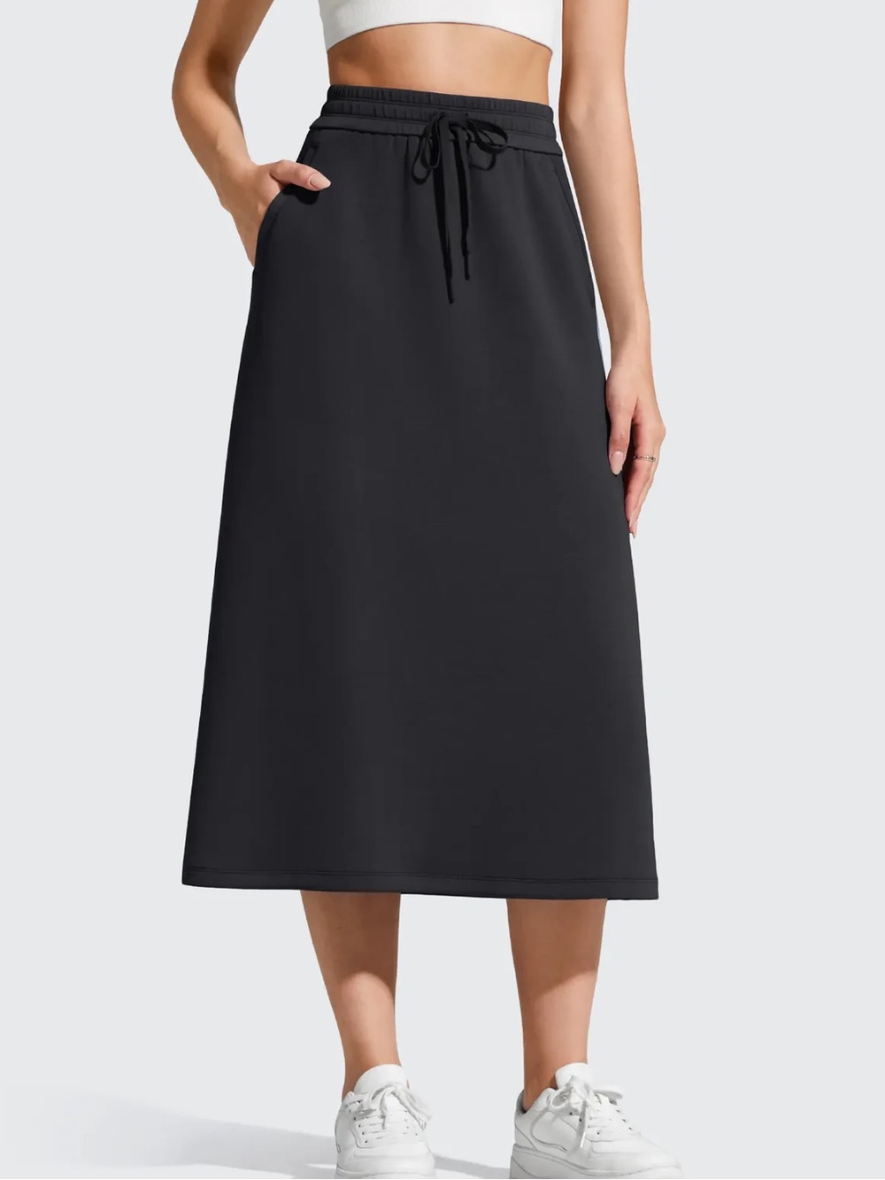 G4Free Women’s Smoofit Midi Drawstring A-line Maxi Long Skirt Black Size M